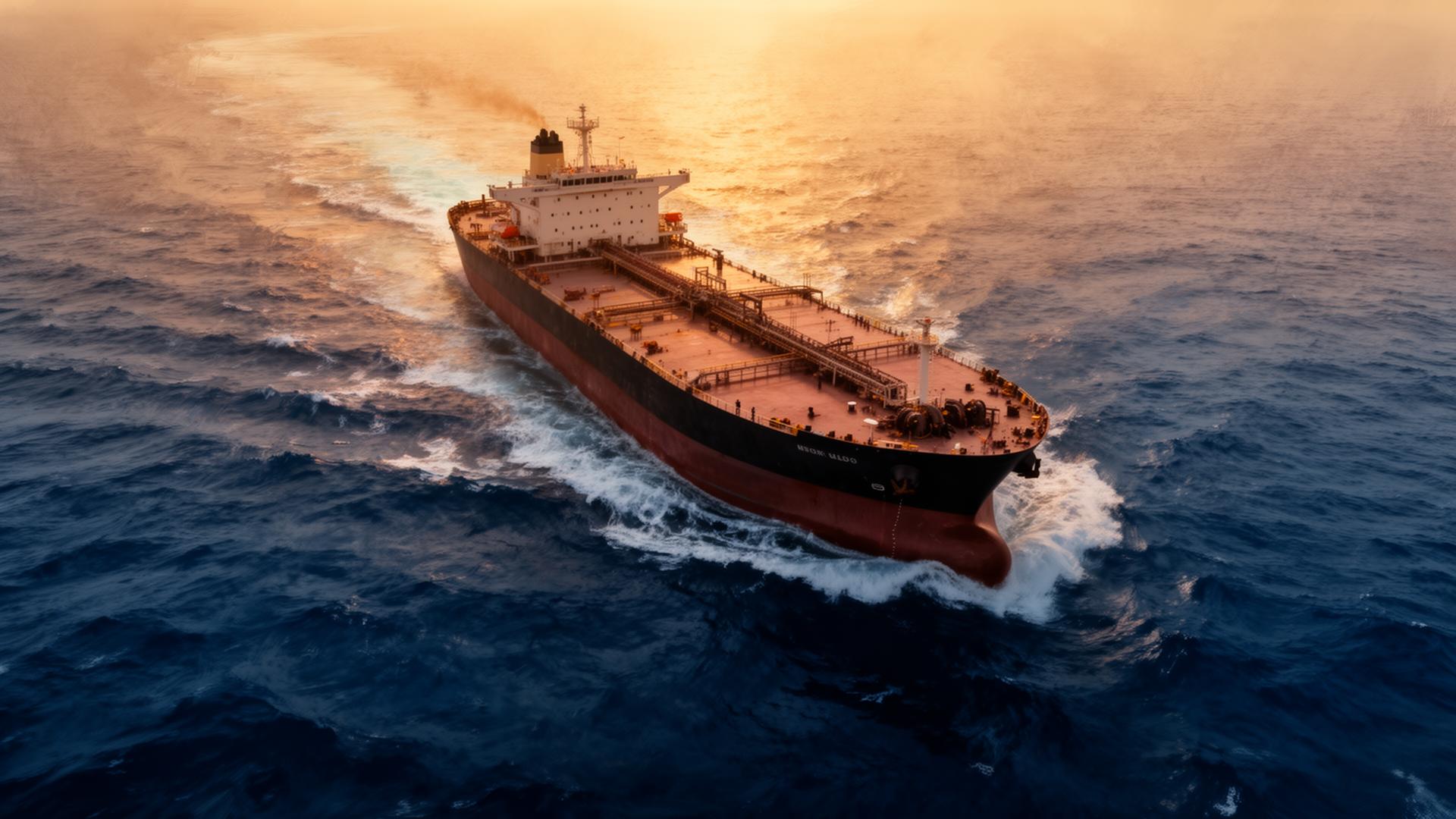 Oil tanker crossing the Mediterranean at sunset